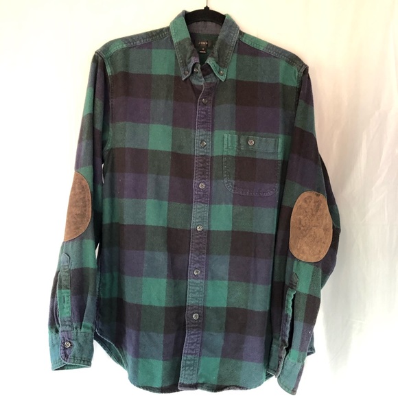 J.Crew black label 100% cotton button down flannel shirt plaid leather elbow pad